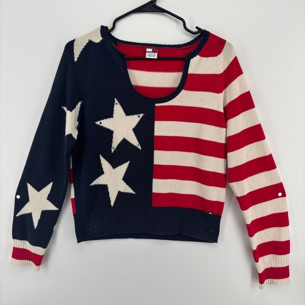 Tommy Hilfiger Jeans Women's L Americana Stars Stripes Sweater Scoop Neck